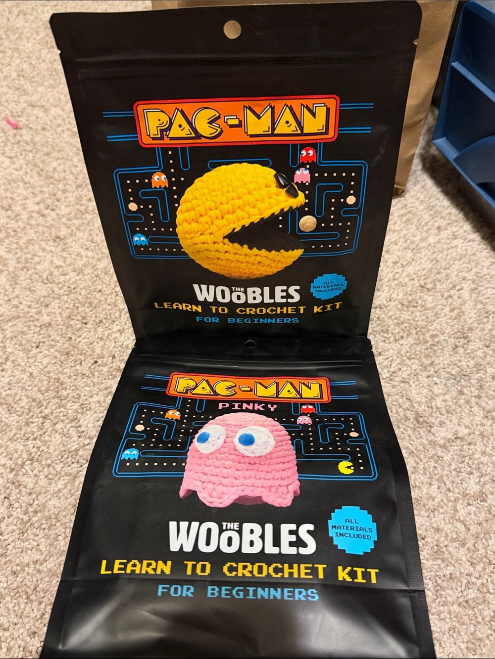 Set of Pac-Man and Pinky Ghost the Woobles Crochet Kit Sets. Brand new in loa is